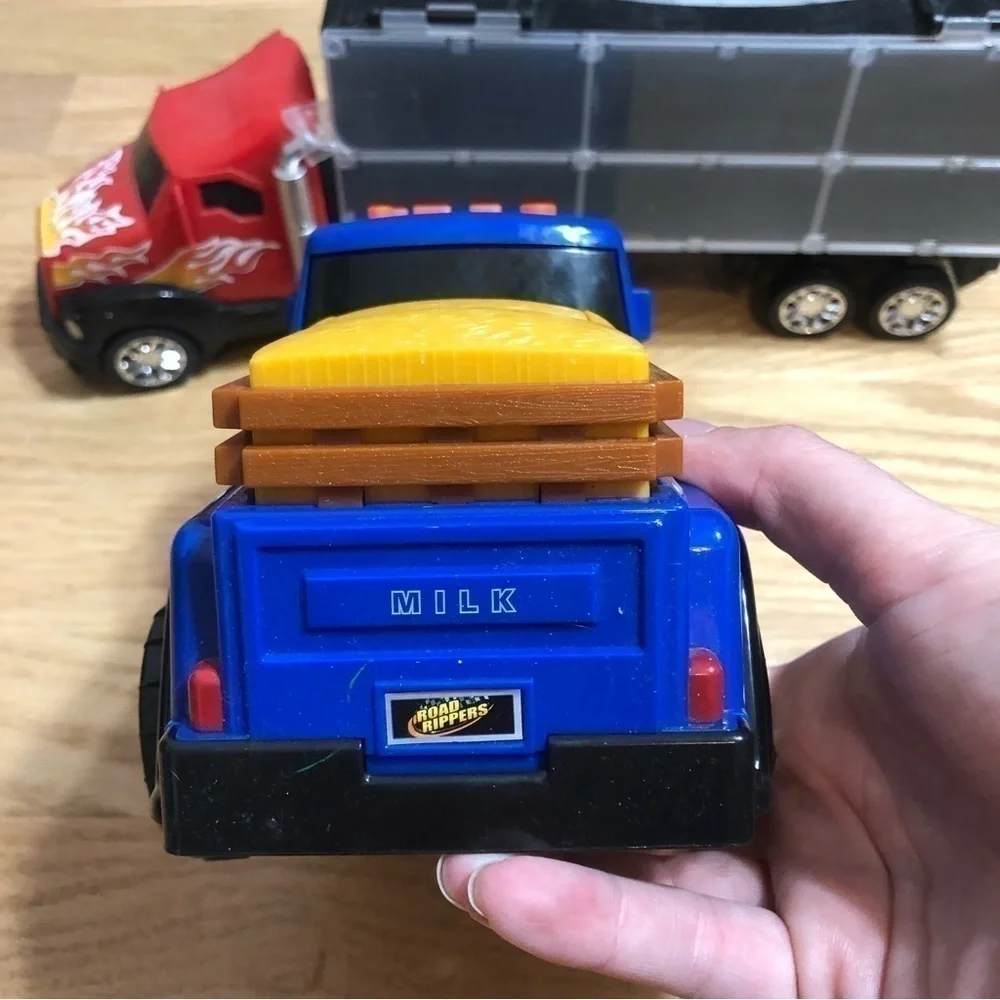 Truck Toy Bundle Cargo Car Carrier & Blue Pickup Truck Cow Pop Up Music